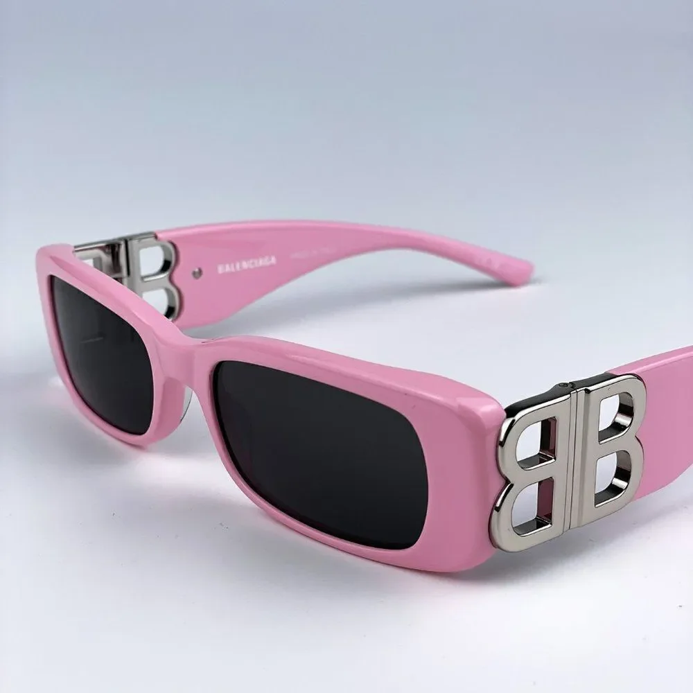 NEW Balenciaga BB0096S 012 Pink Silver Logo Grey Rectangle Unisex Sunglasses - Picture 9 of 13